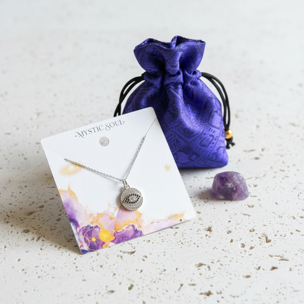 Small silver pave third eye medallion necklace, shown with amethyst