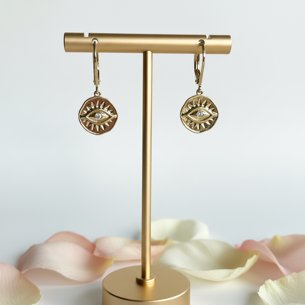 Gold third eye mini medallion leverback earrings — third eye chakra jewelry for intuition
