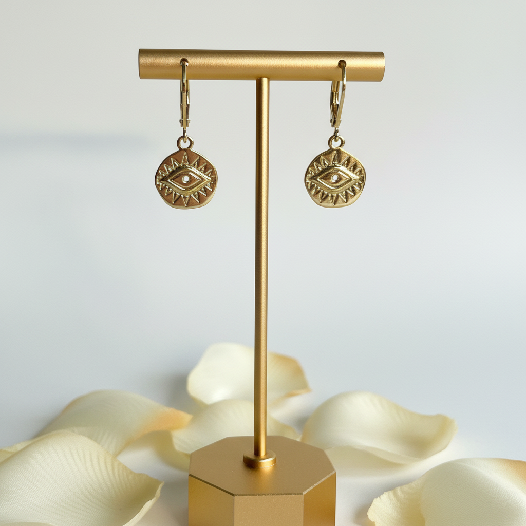 Gold third eye mini medallion leverback earrings hanging — third eye chakra jewelry