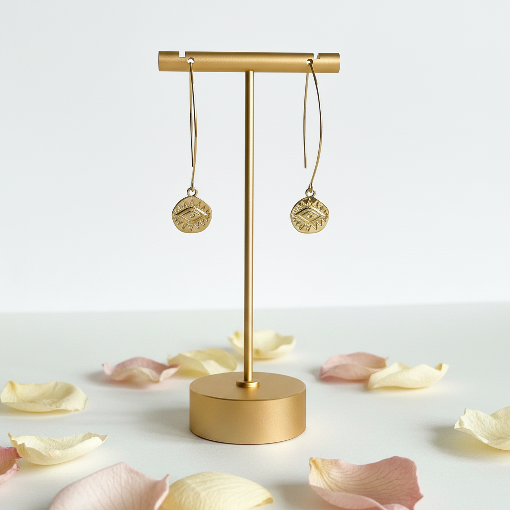 Gold third eye mini medallion earrings on long earwires — third eye chakra jewelry