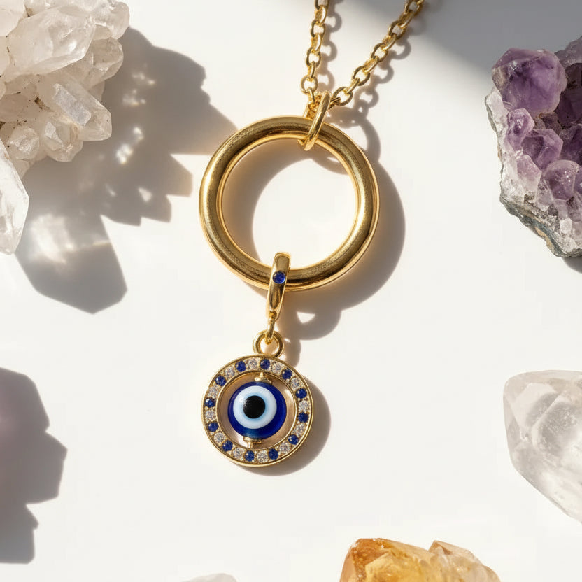 Gold evil eye and crystal owner and pet charm necklace — crystal necklace for protection