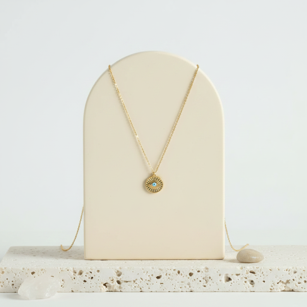 Third eye mini medallion necklace with a faux opal centre in gold plate — jewelry for intuition