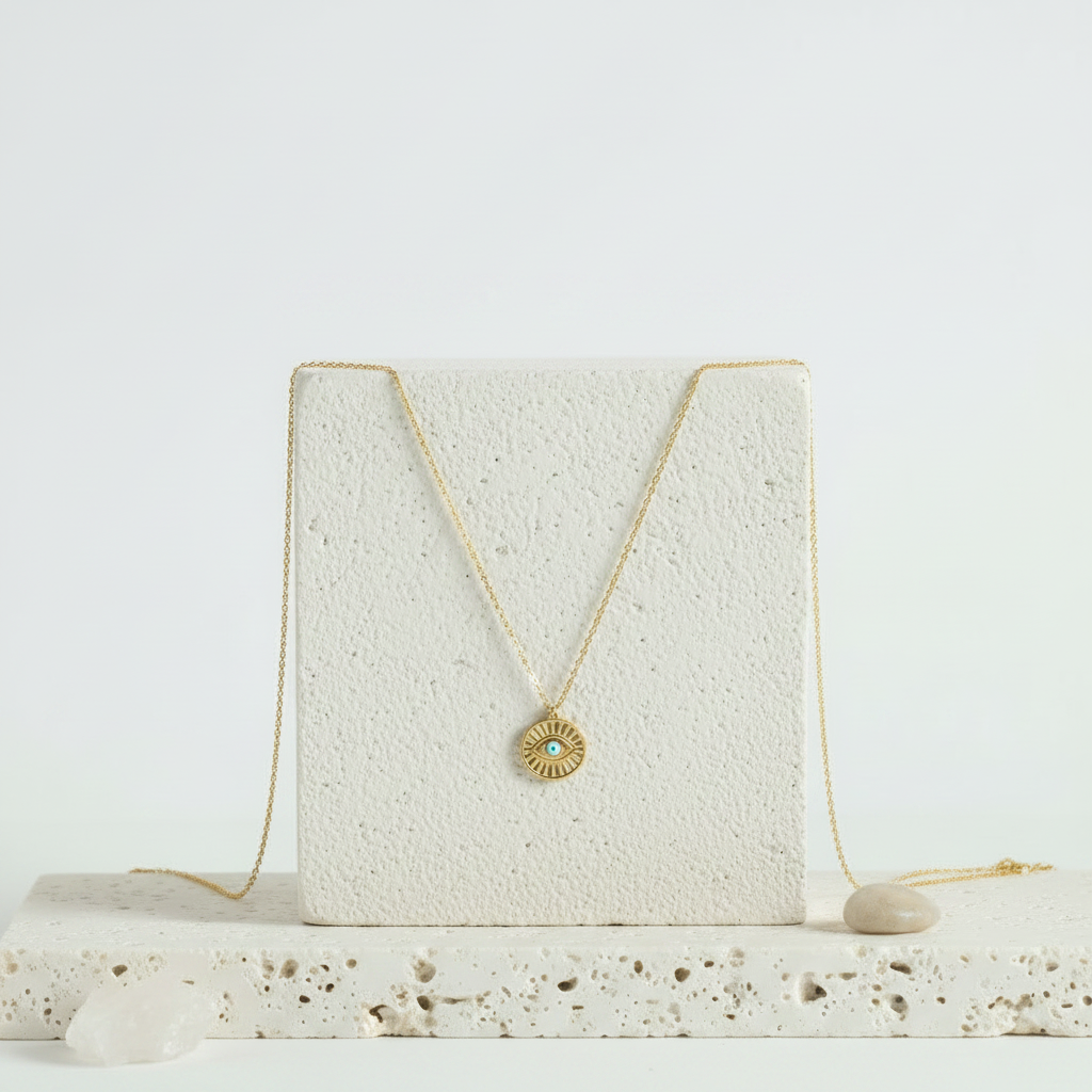 8mm third eye medallion with faux opal centre on a fine gold chain — intuition talisman necklace