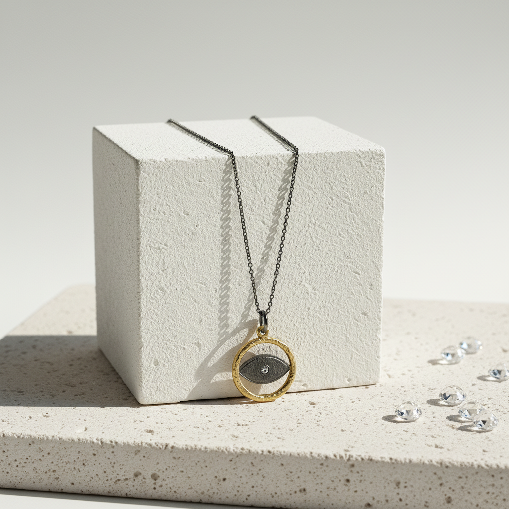 Gunmetal and gold third eye pendant on a fine chain — third eye chakra jewelry for intuition
