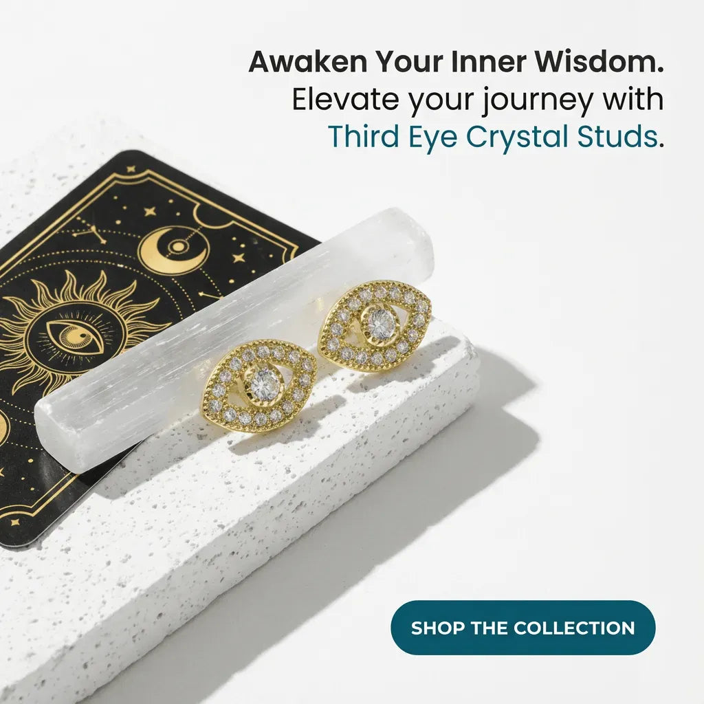 Crystal studs with a selenite stick on a tarot card background, promoting 'Third Eye Crystal Studs'.