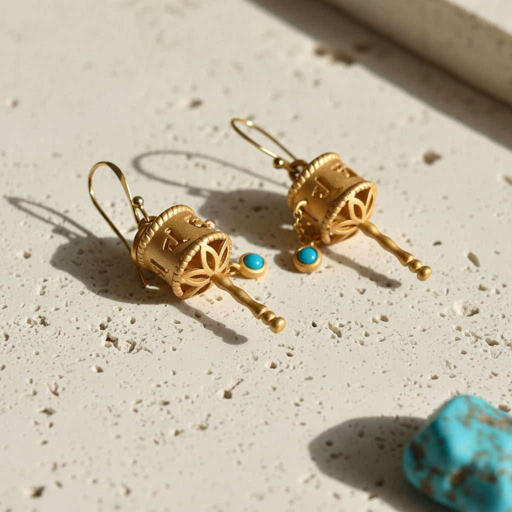 Tibetan prayer wheel drop earrings in sterling silver with 22k gold plating and a small turquoise-coloured resin accent