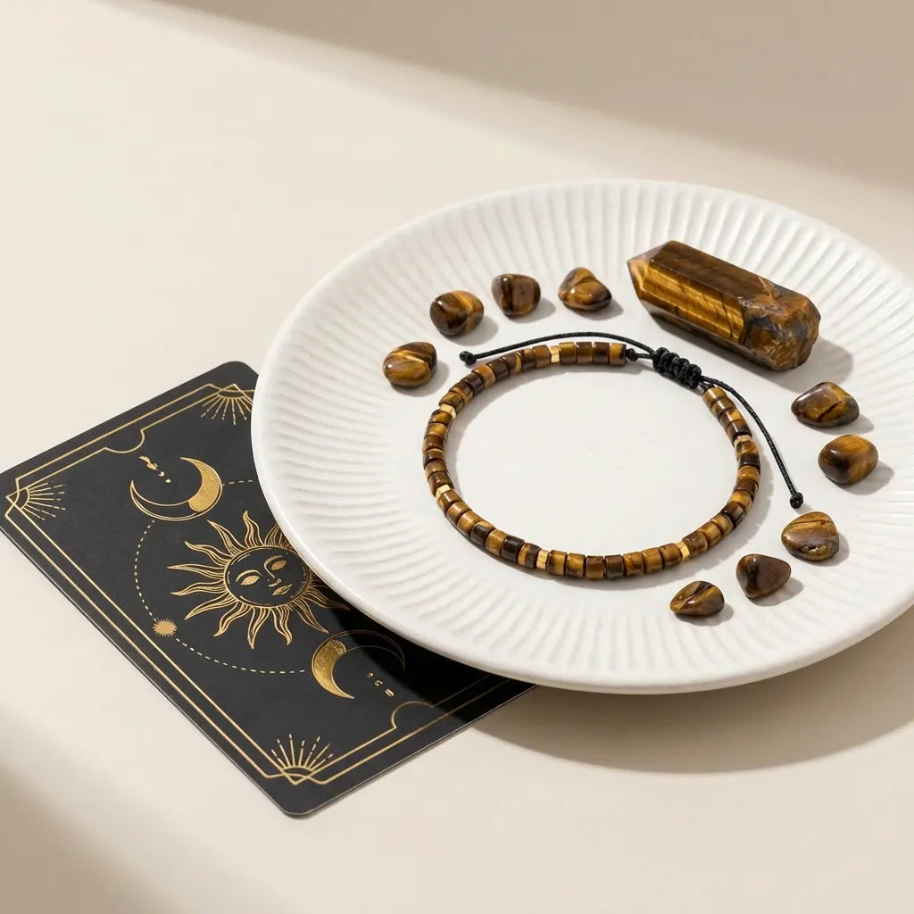Wooden bracelet with stones on a white plate, with a black card featuring celestial designs.