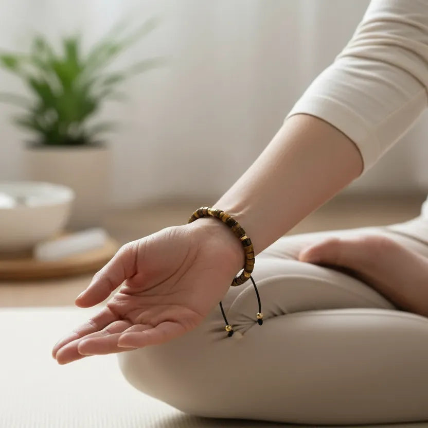 Person meditating with a hand on a cushion, wearing a bracelet, in a calm indoor setting.