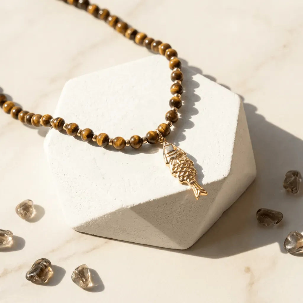 Brown beaded necklace with a gold fish pendant on a beige stone surface.