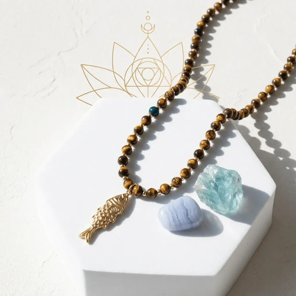 Necklace with beads and pendants on a white surface with geometric designs.