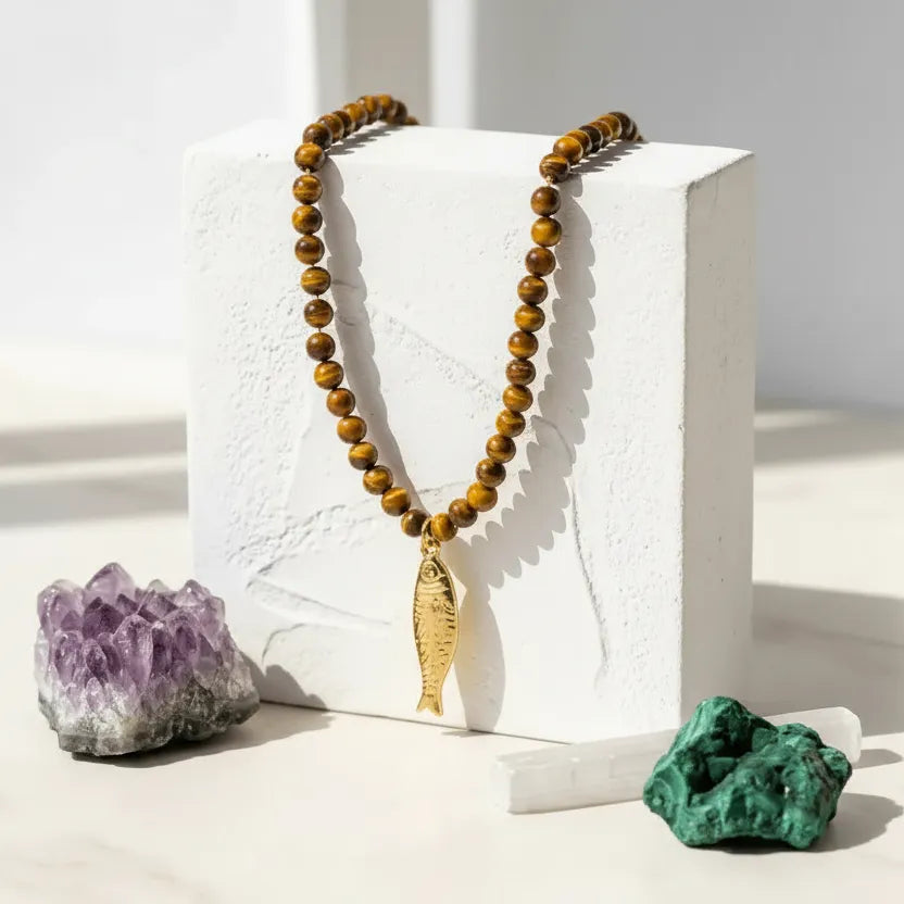 Beaded necklace with a gold fish pendant on a white block, surrounded by crystals.