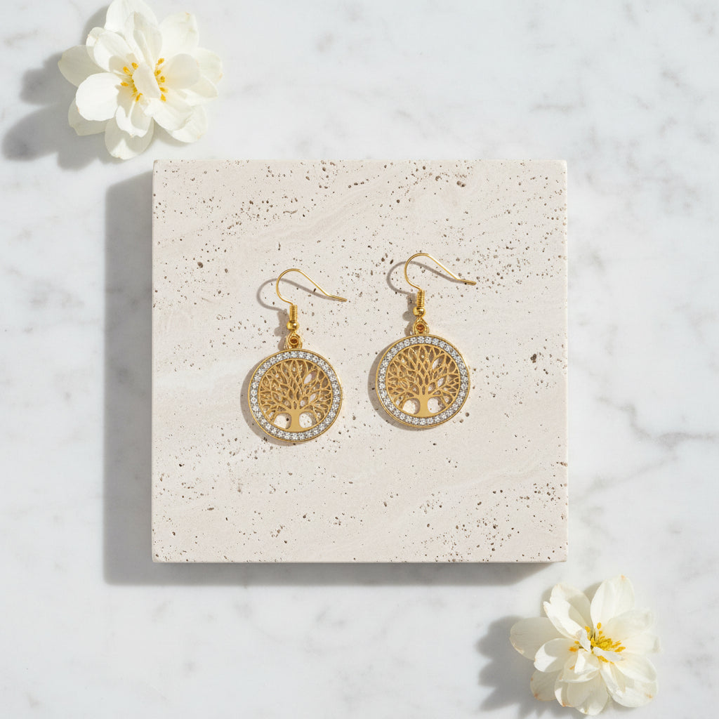 Gold tree of life crystal halo drop earrings — spiritual symbol jewelry for growth