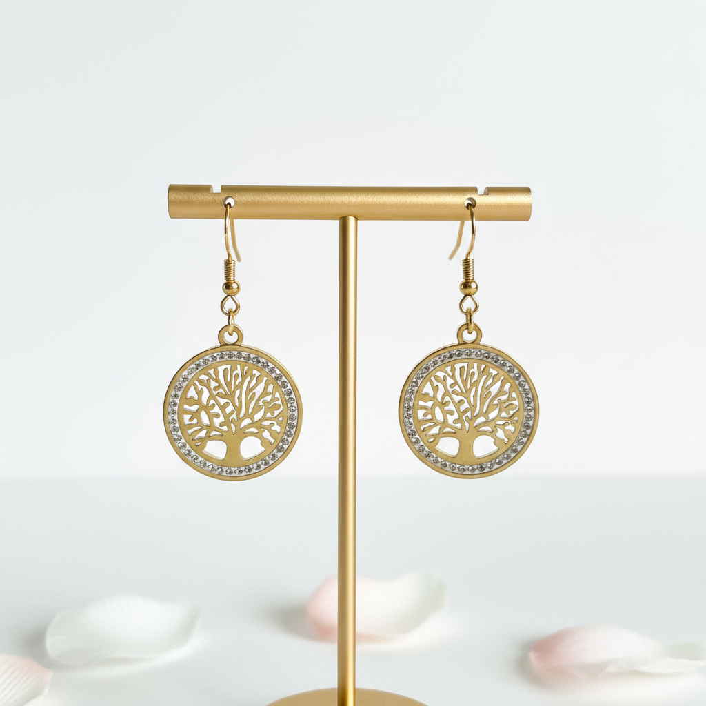 Cut-out tree of life medallion earrings ringed with crystals in gold plate