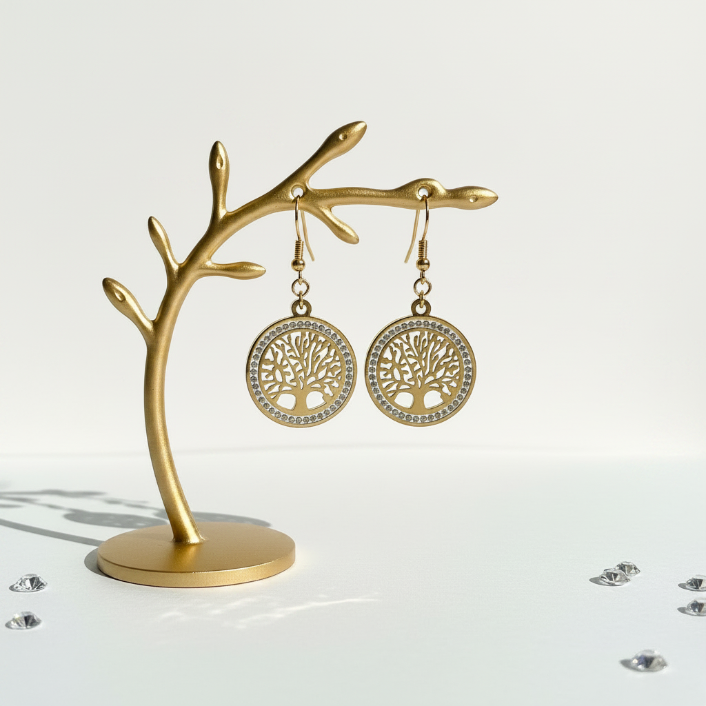 Gold tree of life drop earrings hanging from a branch — spiritual symbol jewelry for growth