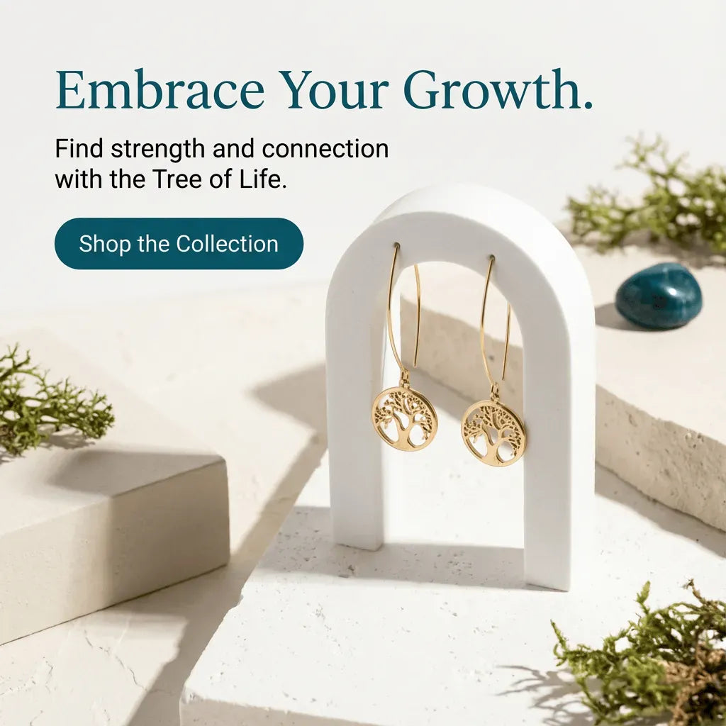 Gold tree-shaped earrings on a white stand with nature-themed background and text 'Embrace Your Growth'.