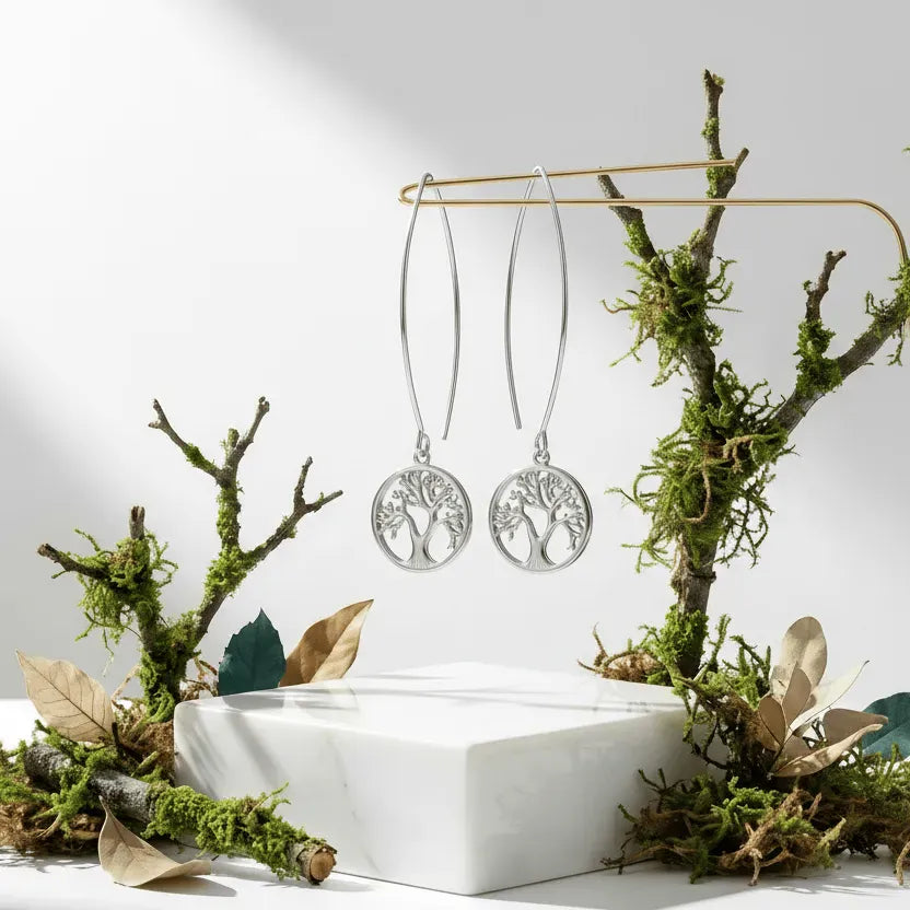 Gold tree-shaped earrings on a decorative stand with natural elements and 'Rebirth' text.