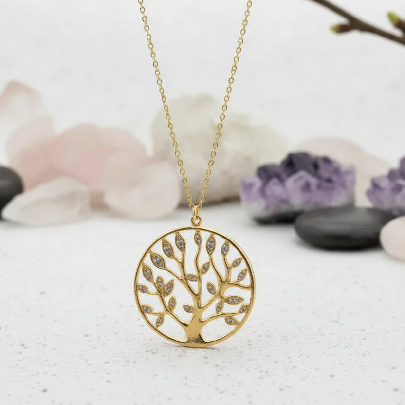 Goldcrystal tree of life pendant necklace — spiritual symbol jewelry for grounding