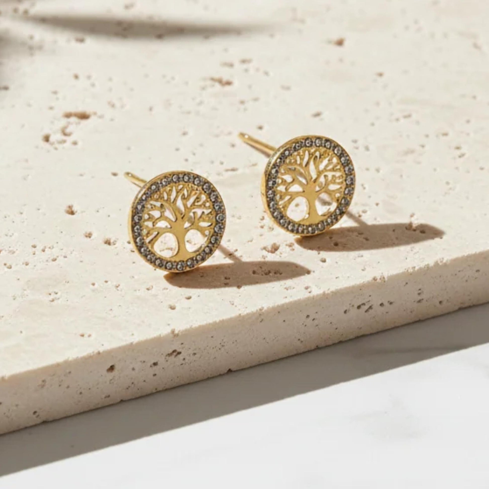 Gold tree of life crystal halo stud earrings — spiritual symbol jewelry for growth