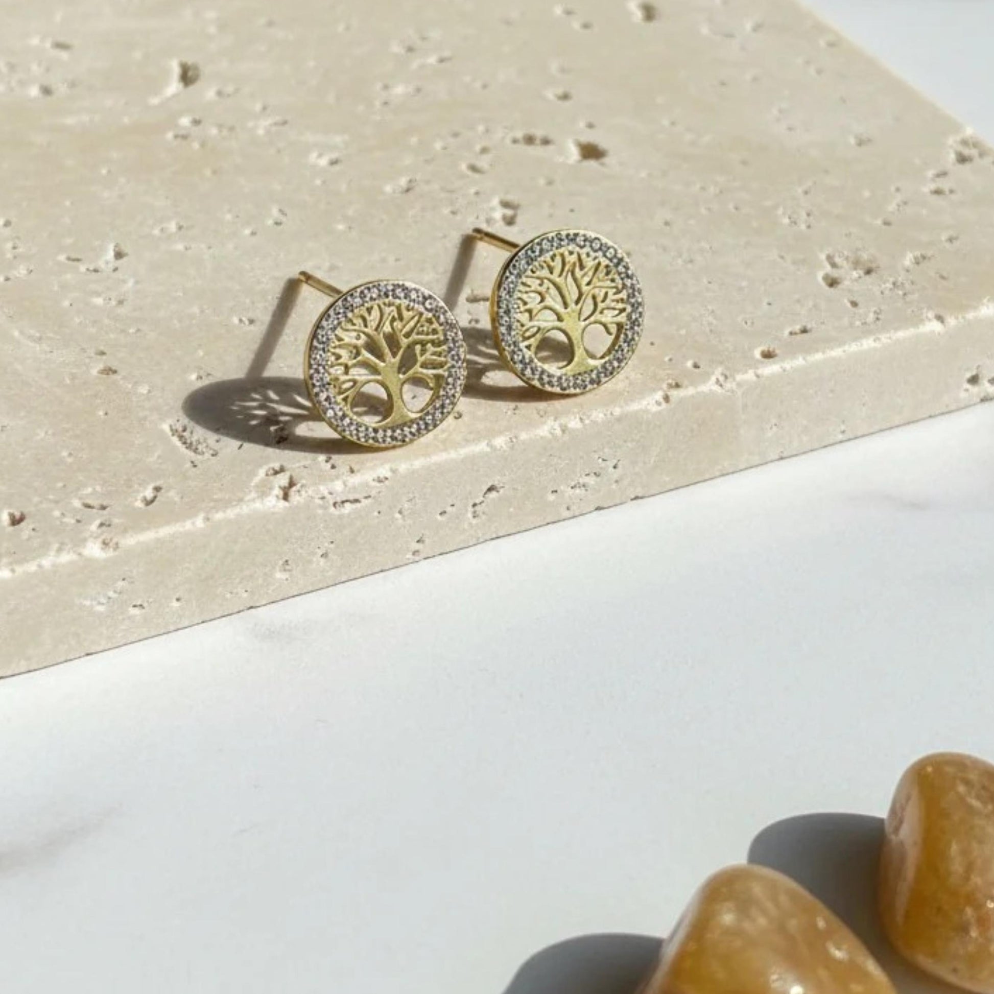 Tree of life crystal halo stud earrings in gold-plated stainless steel