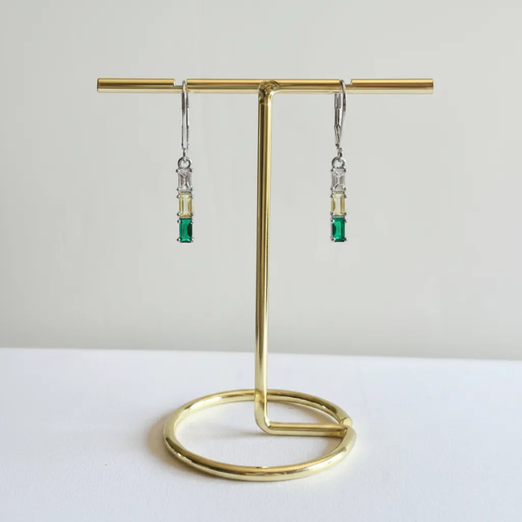 Silver plated emerald green and peridot tri-colour crystal bar earrings on leverback