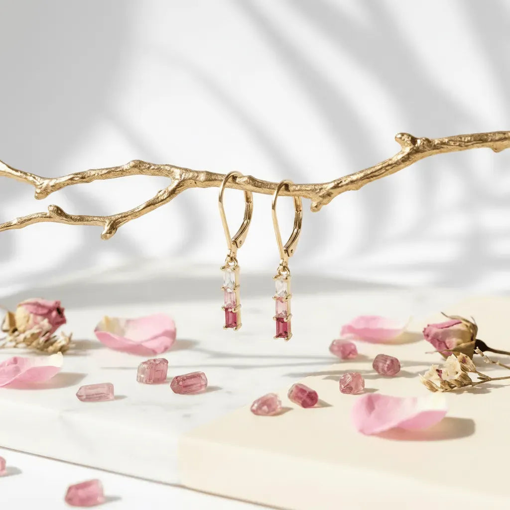 Gold plated pink and blush tri-colour crystal bar earrings with clear baguette