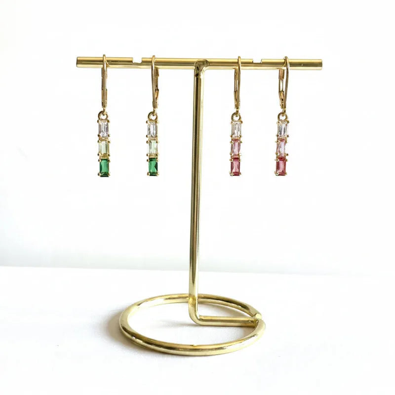 Gold plated tri-colour crystal bar earrings in pink and emerald green colourways