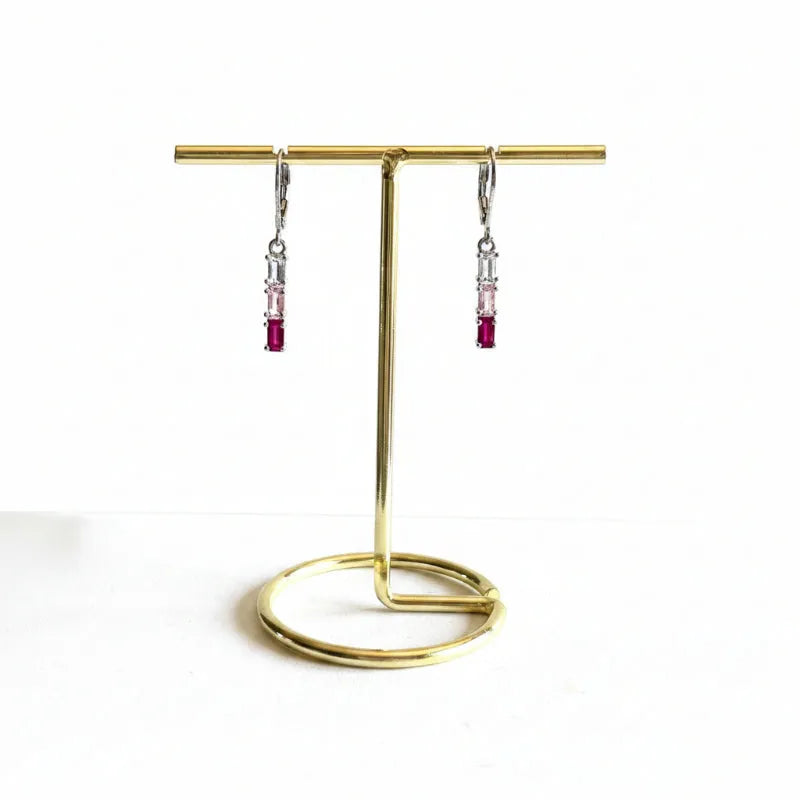 Silver plated pink and blush tri-colour crystal bar earrings on leverback