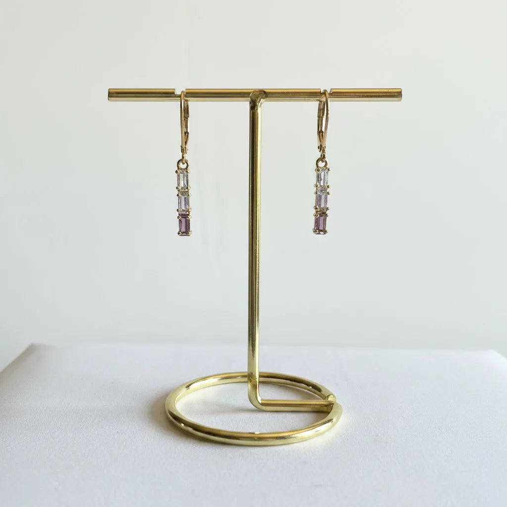 Gold plated purple and lilac tri-colour crystal bar earrings with clear baguette