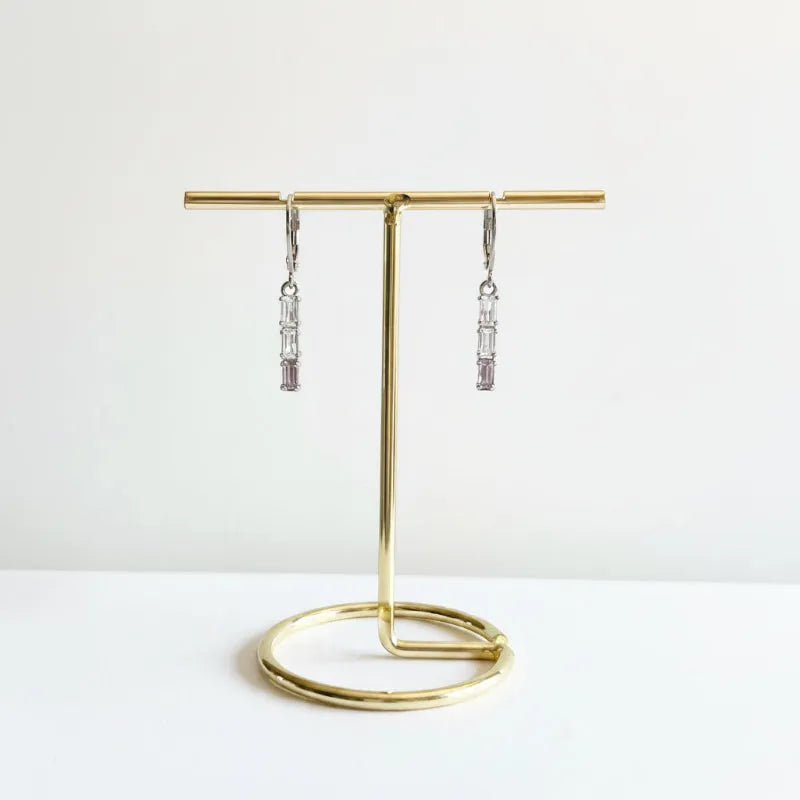 Silver plated purple and lilac tri-colour crystal bar earrings on leverback