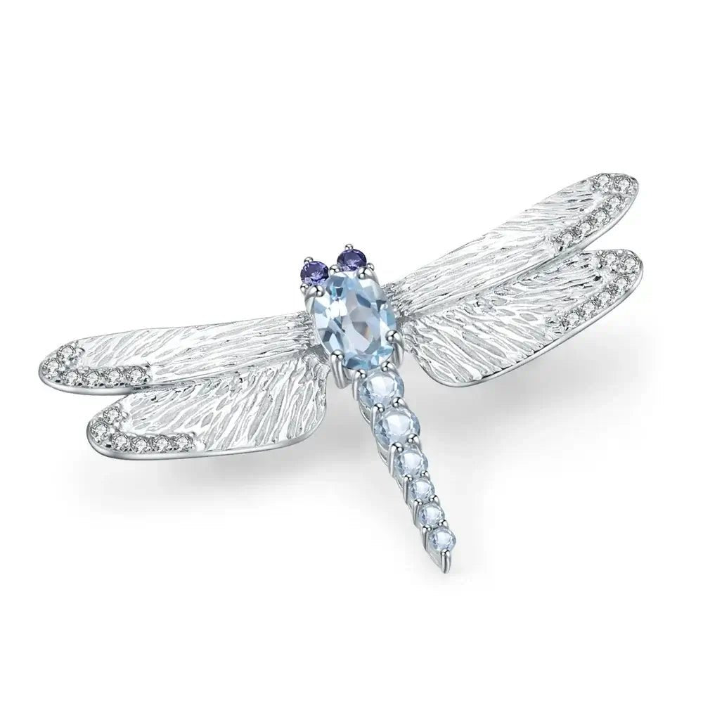 Triple Gemstone Dragonfly Brooch - 925 Sterling with Blue Topaz, Smoky Quartz or Peridot | Spirit Animal Collection