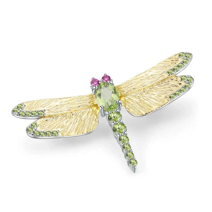 Triple Gemstone Dragonfly Brooch - 925 Sterling Silver with Blue Topaz, Smoky Quartz or Peridot | Spirit Animal Collection | Transformation Talisman - Mystic Soul Jewelry