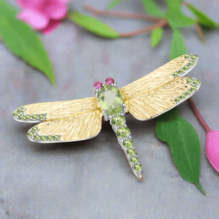 Triple Gemstone Dragonfly Brooch - 925 Sterling Silver with Blue Topaz, Smoky Quartz or Peridot | Spirit Animal Collection | Transformation Talisman - Mystic Soul Jewelry