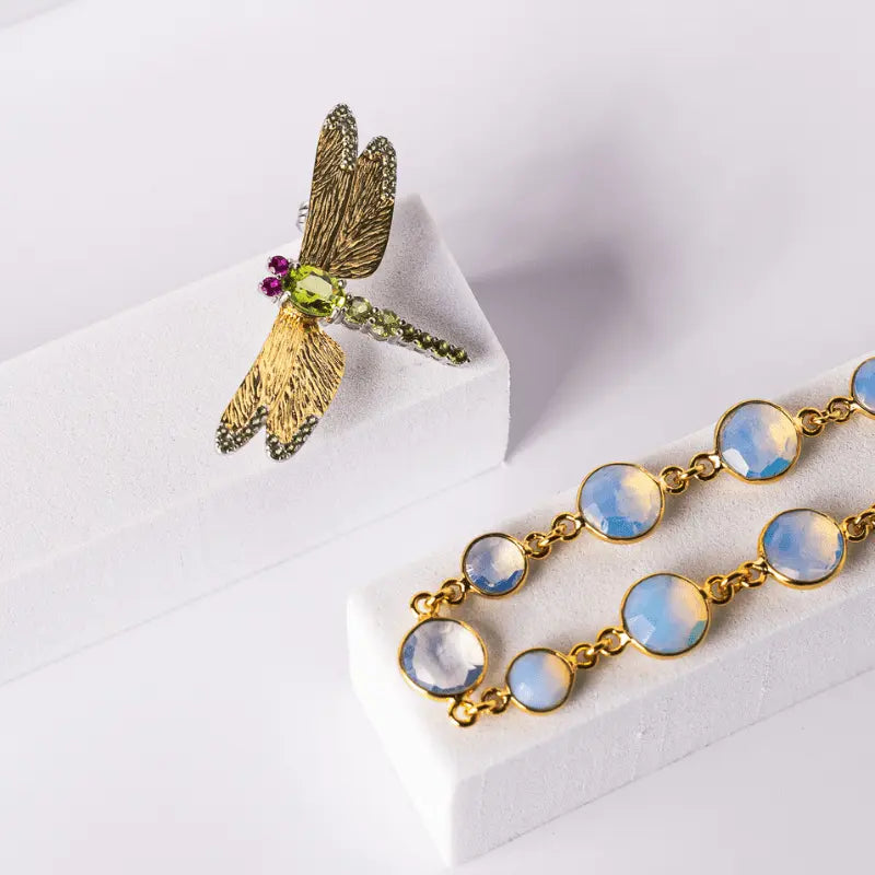 Triple Gemstone Dragonfly Brooch - 925 Sterling with Blue Topaz, Smoky Quartz or Peridot | Spirit Animal Collection