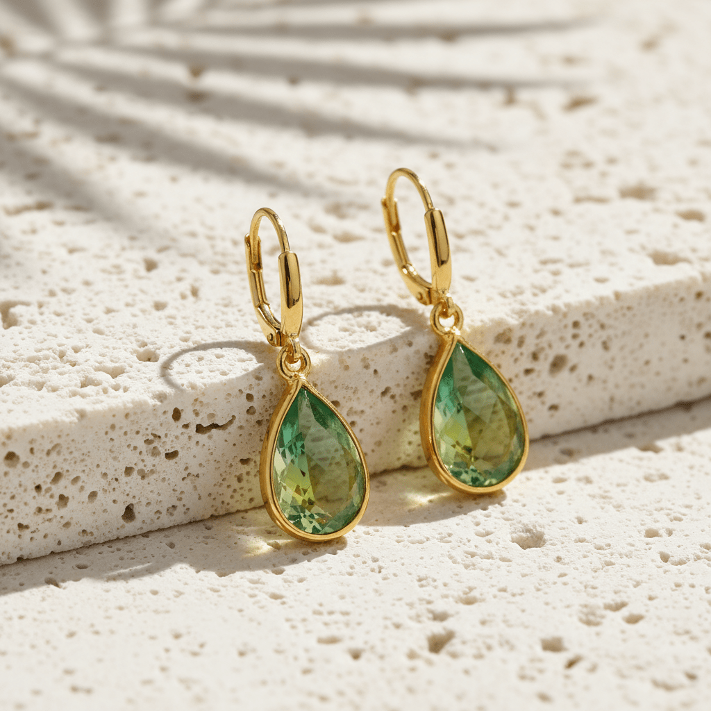 Gold earrings with green teardrop stones on a textured stone surface
