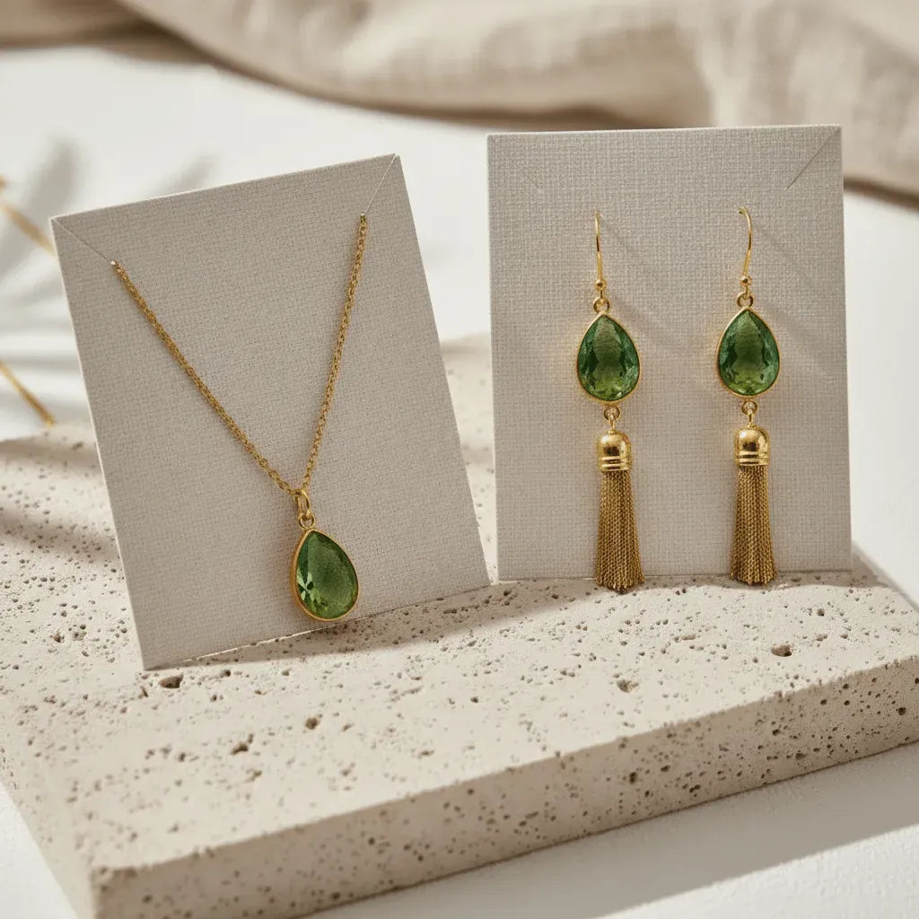 Jewelry set with green teardrop pendants on gold chains displayed on a textured surface.