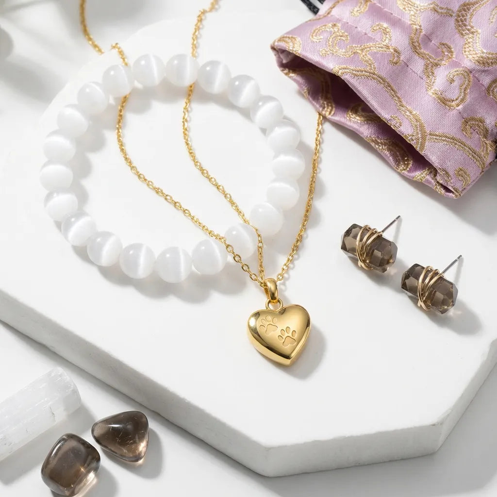 Gold heart-shaped pendant necklace with matching earrings on a white surface.