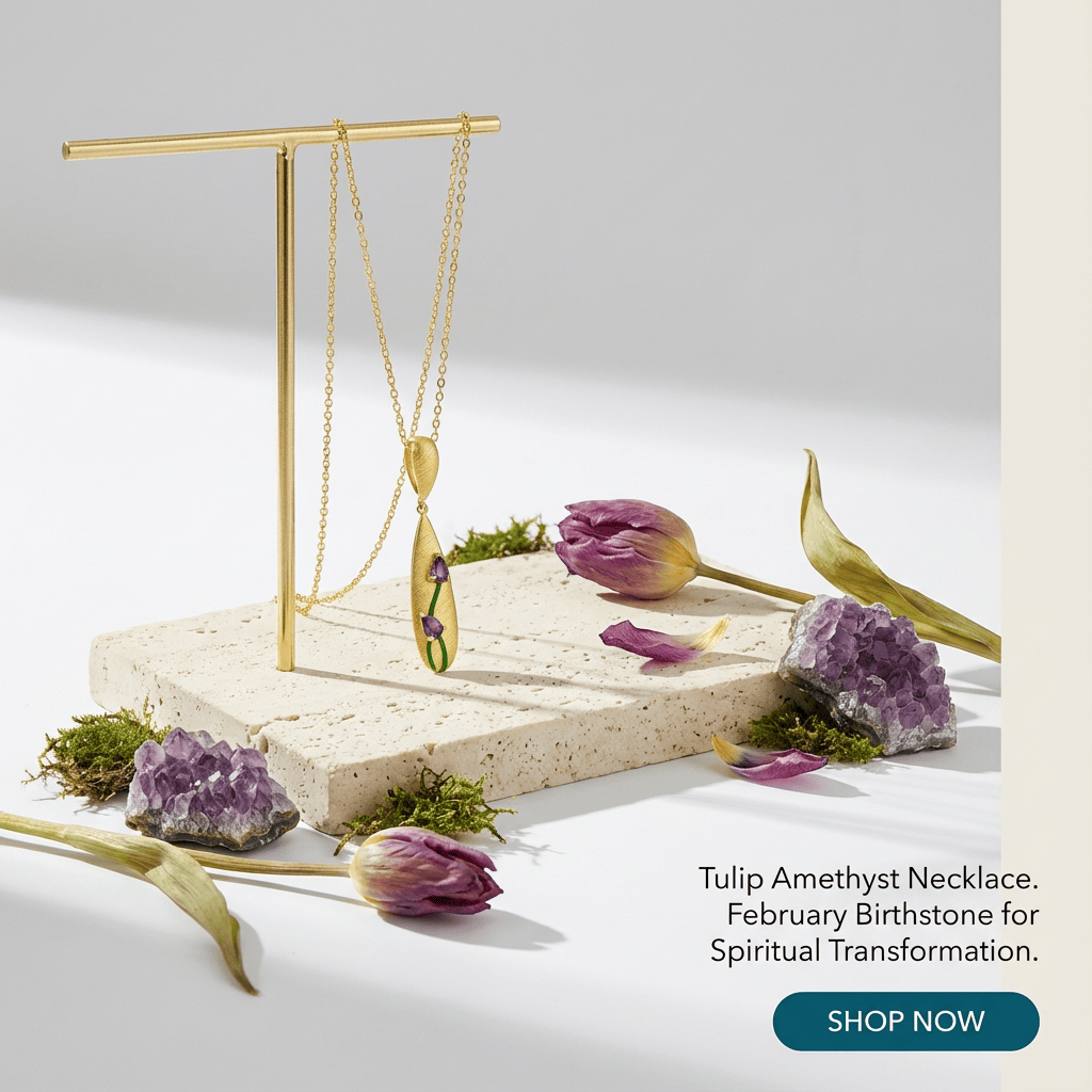 Tulip Amethyst Necklace displayed on a stand with flowers and stones on a light background