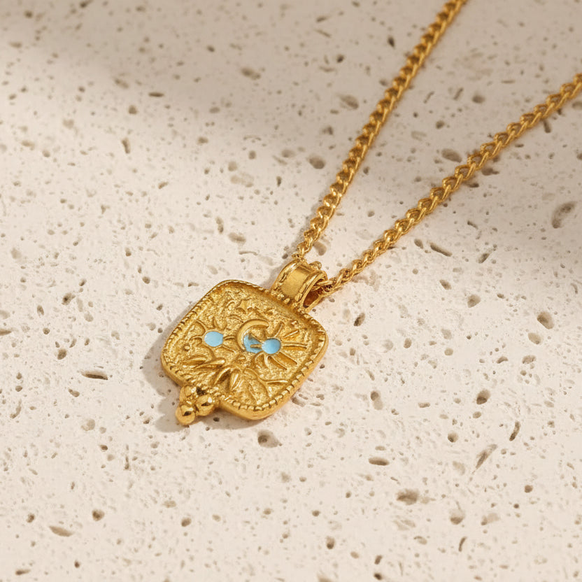 Hammered gold stainless steel sun pendant necklace with crescent moon