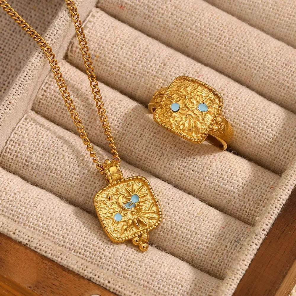 Hammered gold stainless steel sun pendant necklace with crescent moon