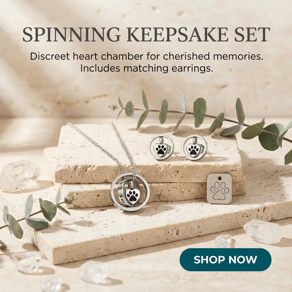 Spinning keepsake set with necklace, earrings, and tag on a stone surface with eucalyptus leaves.