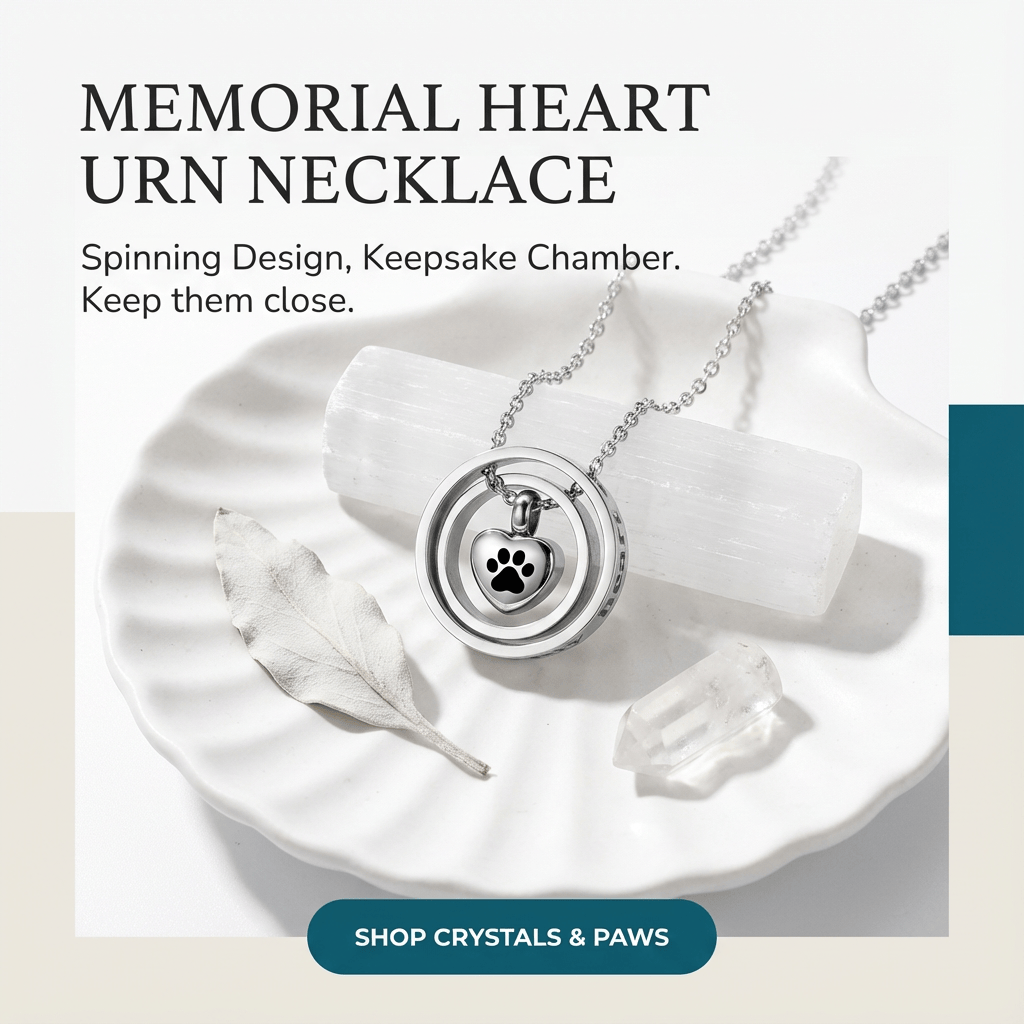 Memorial heart urn necklace with paw print design on a white dish.