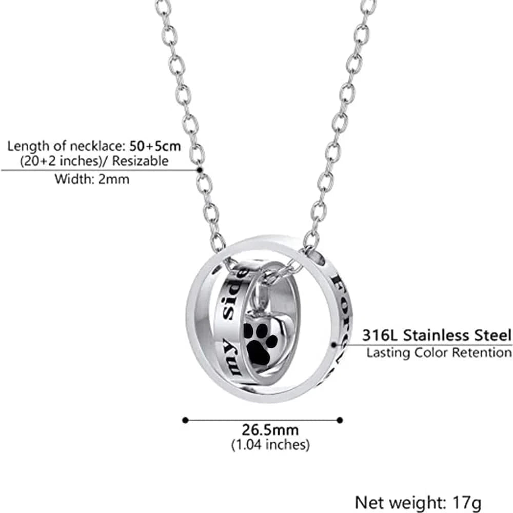 Silver necklace with circular pendant featuring 'my sister' and paw print, with measurements and material details.