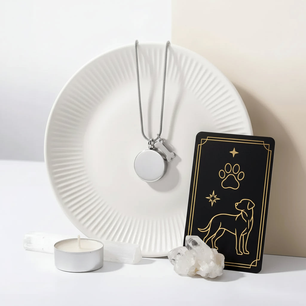 Mystic Soul Jewelry pendant and packaging on a white surface with text about honoring pets.