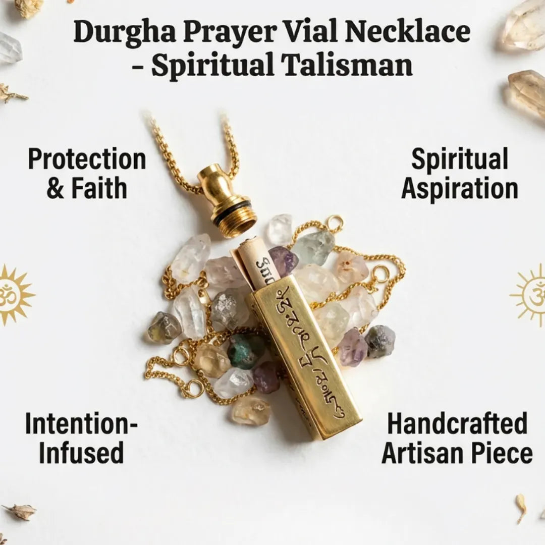 Gold pendant necklace with stones on a white background, labeled as a 'Durgha Prayer Vial Necklace' with spiritual and protective qualities.