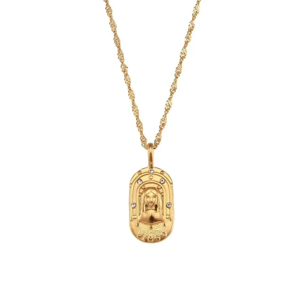 Gold necklace with a pendant on a white background