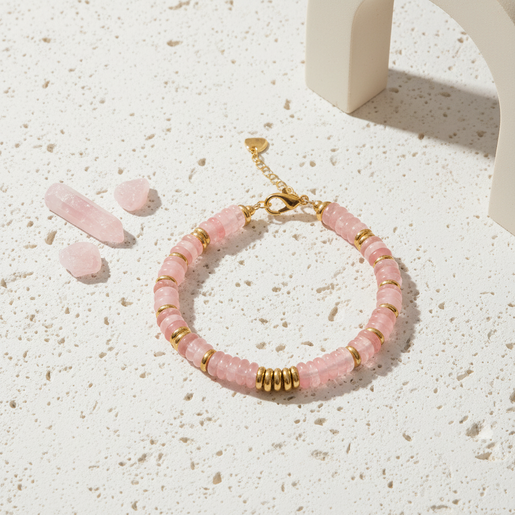 Watermelon quartz heishi disc bead stretch bracelet in pink and green