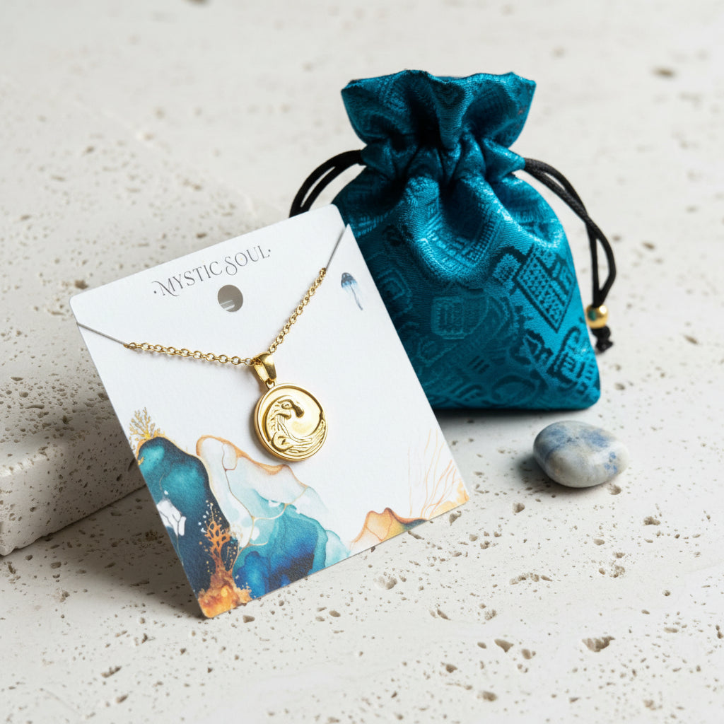 Gold wave pendant necklace on a Mystic Soul Jewelry card with gift tag and bag