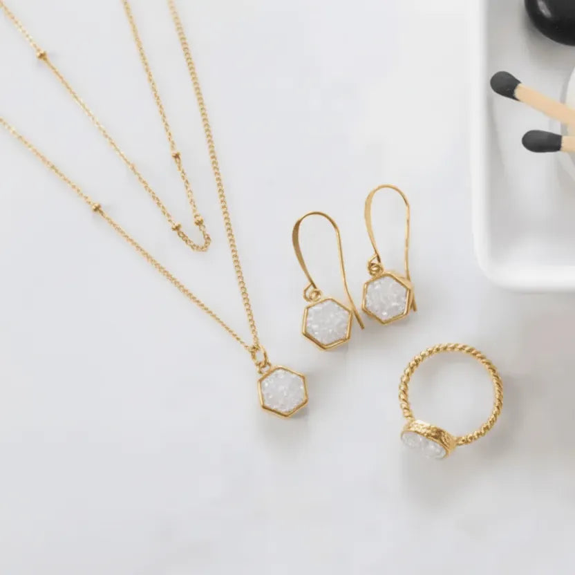 Gold jewelry set with necklace, earrings, and ring on a white surface