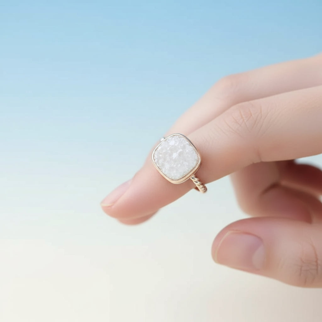 Ethereal Glow White Druzy Ring – Unique Metallic Sheen in Gold or Silver - Mystic Soul Jewelry