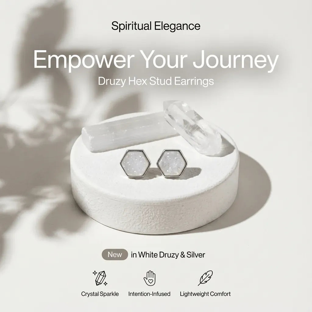 Druzy hex stud earrings in a white box with 'Spiritual Elegance' text on a light background.